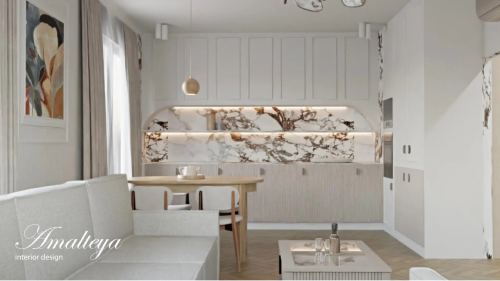 Гостиная и кухня с мраморным фартуком